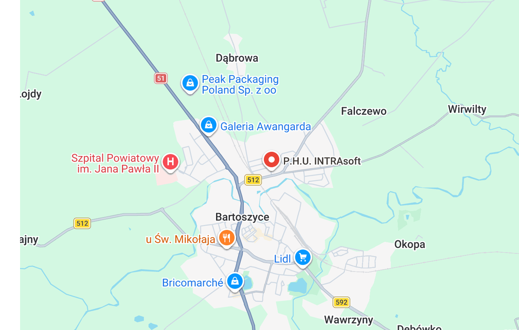 Mapa Google z zaznaczoną lokalizacją P.H.U. INTRAsoft w Bartoszycach
